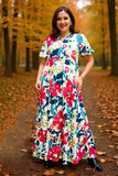 Plus size mint & red floral printed balloon sleeve women maxi dress BQ16099 BS6