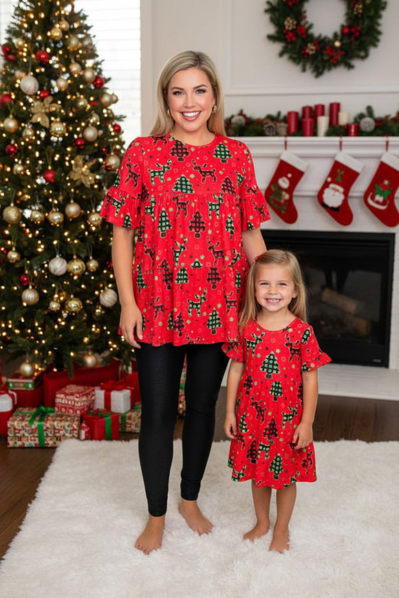 Christmas tree & deer printed ruffle short sleeve women tops GJQ15720