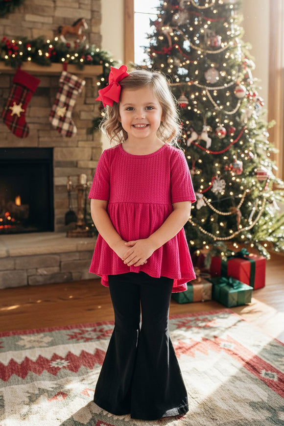 Wholesale Pink high-low top black flare pant girls outfit sets XCH0024-14H (A10S2)