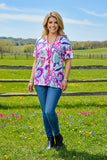 BQ15864 Mint&fuchsia floral multi color printed short sleeve women tops (FS1)