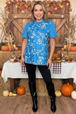 Blue bows printed puff short sleeve women shirts w/v-neckline XCH16669