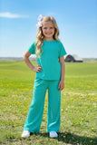 Ribbed knitted fabric turquoise top & pant 2pc girls sets XCH04010 (A7S4)