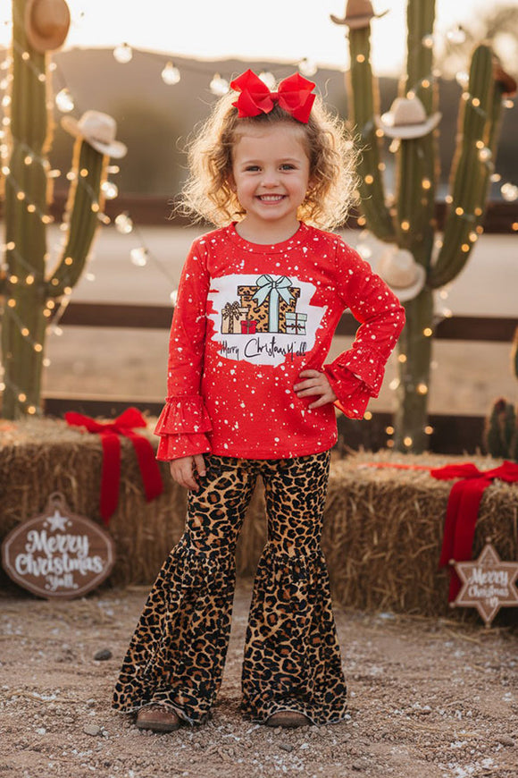 Merry Christmas y'all coral leopard printed girl set DLH0923-18