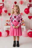 XCH0017-16H Girls hearts printed pink tulle long sleeve dress A1S1