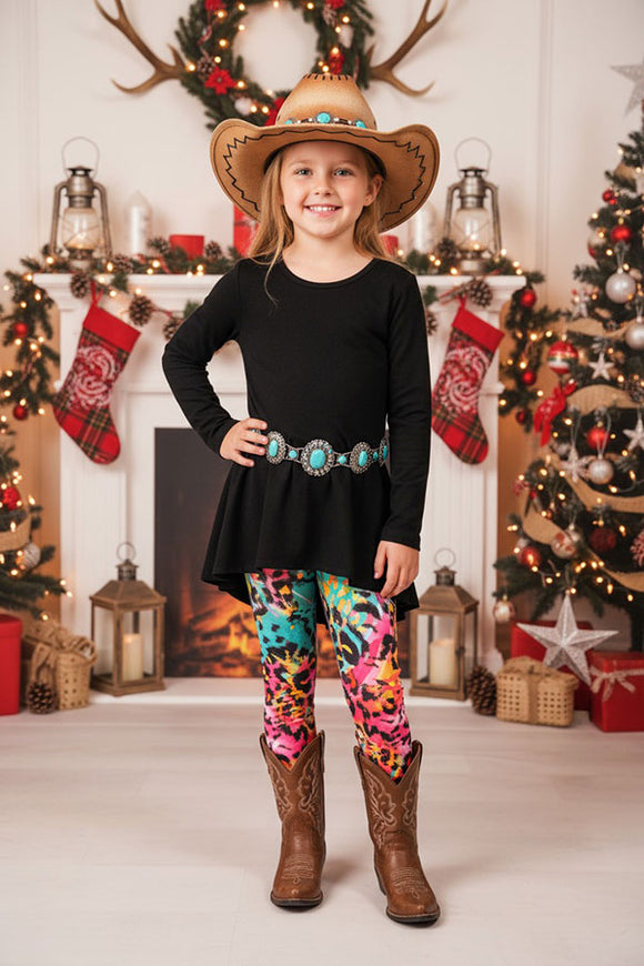 Black high-low style long sleeve top colorful leopard legging girls sets XCH04002