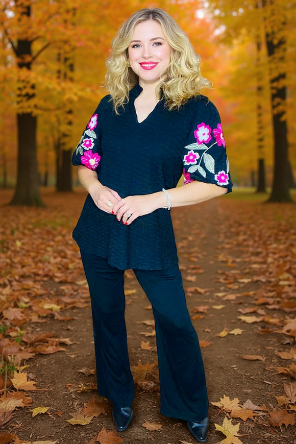 Floral embroidery puff sleeves black textured women blouse XCH16529 DS3