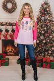 Sequin Nutcracker Graphic Colorblock Pink Christmas Long Sleeve Women Top XCH16022