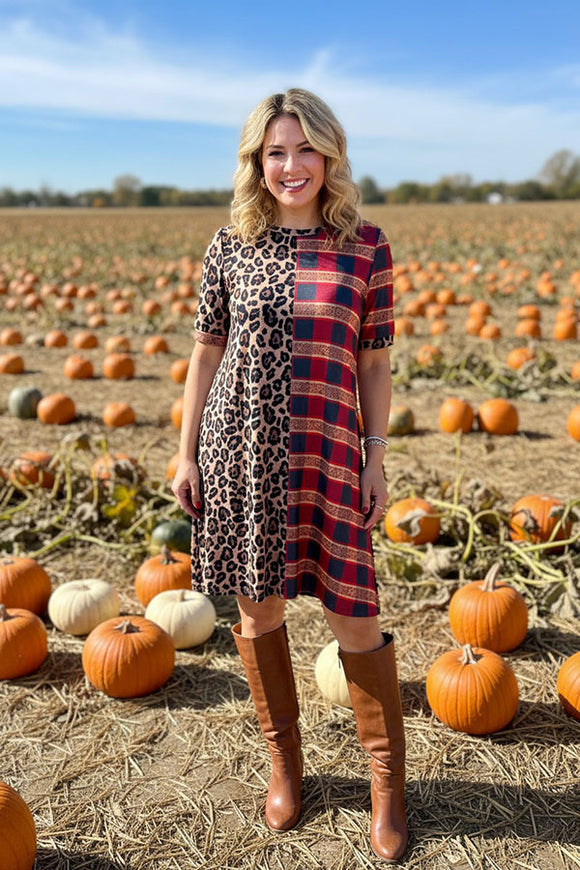 Half leopard & checkered printed short sleeve women dress XCH14124(AS13)