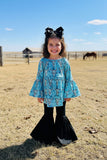 Turquoise aztec bull top black bell bottom 2pcs girls outfit sets 1182WY (A5S9)