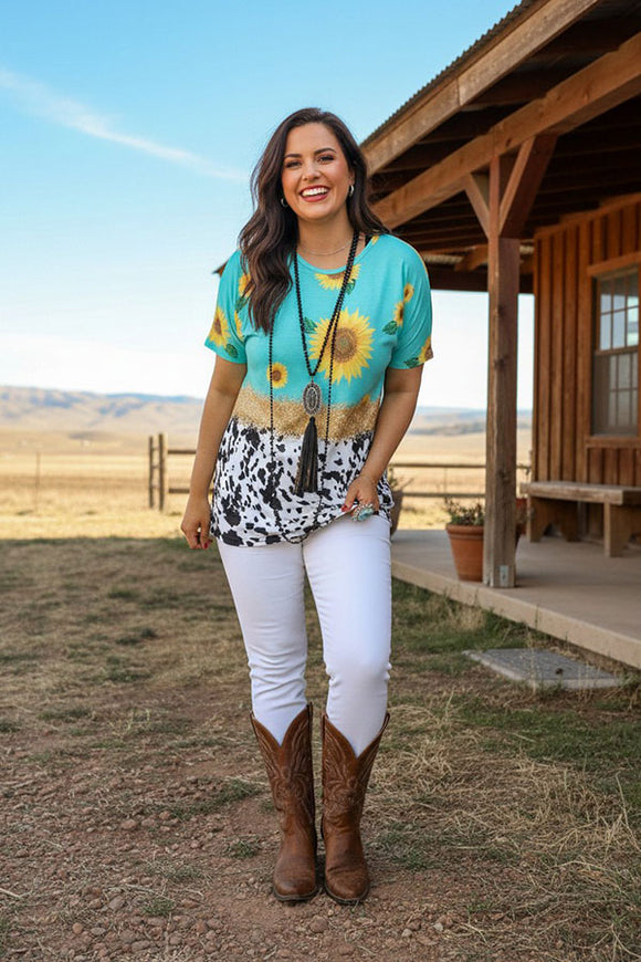 XCH13234 Sunflower & cow printed short sleeves women tops (FS6) FS7