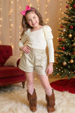 Cream knitted long sleeve top & Leather shorts girls sets DLH2717 (A7S5)