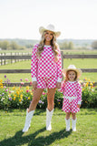 Pink checkered printed long sleeve top & shorts 2pc girls sets XCH04047 A9S1