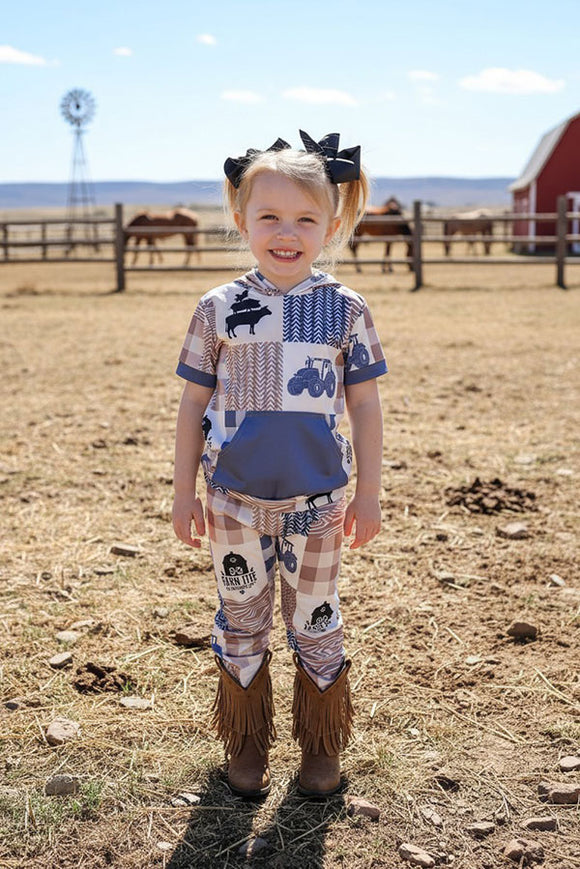 FARM LIFE color block multi print short sleeve hoodie & pants girl set 11862MZ (A1S9)/CLE