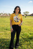 DLH10487 Mustrad Yellow cow peace sign & cactus sunflower printed short sleeve women t-shirt IS19