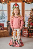 Pink ruffle long sleeve sweatshirts floral bell bottom 2pc girls sets XCH04005 (A7S1)