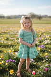 Spring Green plaid gathered & ruffles short sleeve cotton girls dress XCH03015 (A2S4)