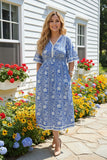 Blue floral printed & lace trim bell short sleeve rayon maxi women dress GJQ16689