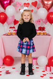Black ribbed knitted fabric long sleeve top & plaid shorts 2pc girls sets DLH2840