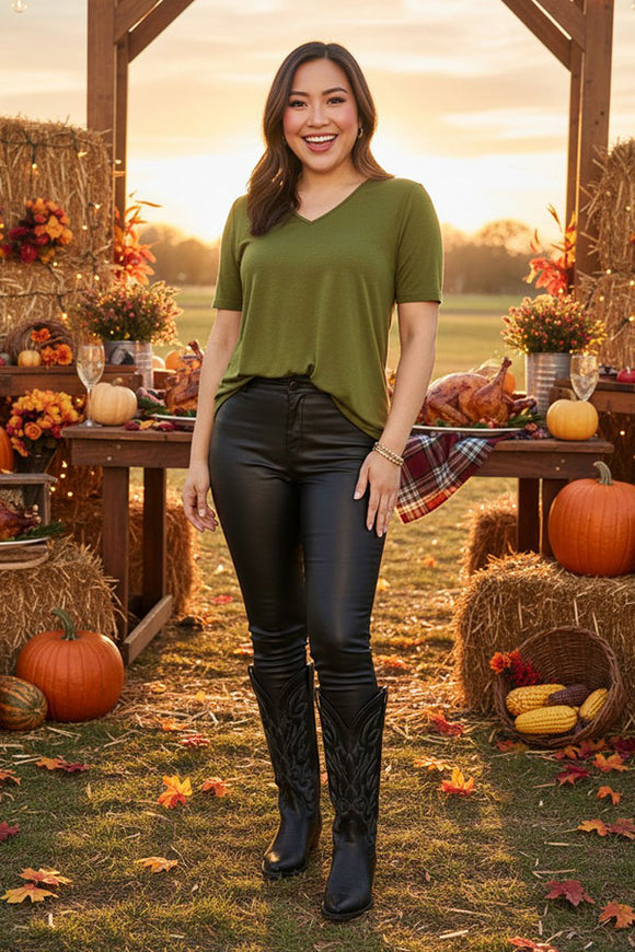 Women's t-shrit wholesale Green V-neckline short sleeves top GJQ15508 ES7