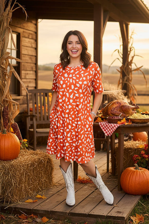 Rust leopard printed short sleeve w/side pockets women dresses GJQ15562 Afloor