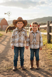 Brown plaid long sleeve unisex fleece children shirts w/pockets DLH2856 A11S1