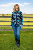 Western riding horse turquoise & green & checkered long sleeve top XCH16871