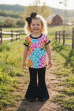 Colorful leopard prints top black bell bottom girls clothing sets XCH04003 (A10S5)