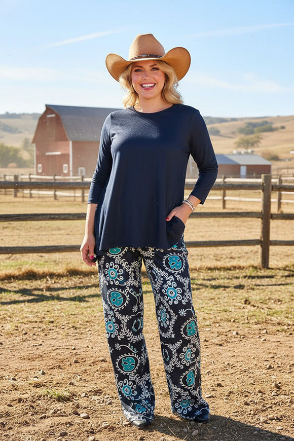 Blue 3/4 sleeve top & paisley printed pant 2pcs women sets GJQ15672 (IS5)