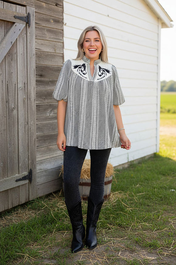 Western horse embroidery gallop gingham puff short sleeve black women blouse XCH16761