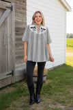 Western horse embroidery gallop gingham puff short sleeve black women blouse XCH16761