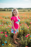 Girls clothing wholesale Fuchsia top & floral prints shorts 2pcs children sets DLH2873 (A9S1)