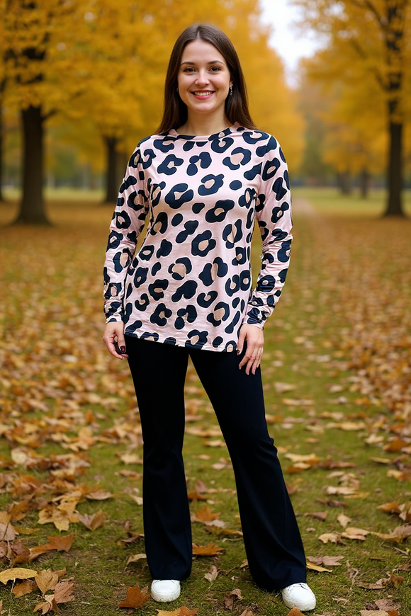 Long sleeve leopard top & black bell bottom 2pc women sets BQ15944