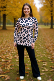 Long sleeve leopard top & black bell bottom 2pc women sets BQ15944