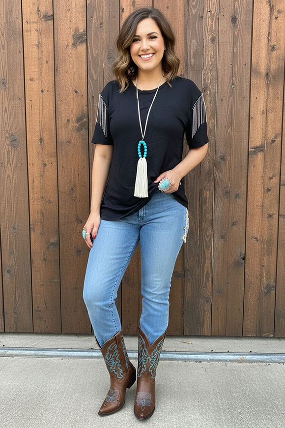 Plus size Rhinestone tassels black short sleeves women tops BQ13721 (ES7)