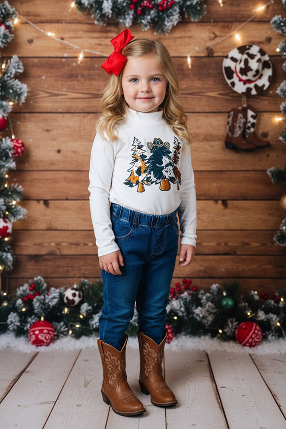 Chritmas tree printed white long sleeve girls t-shirt DLH2527 A9S6