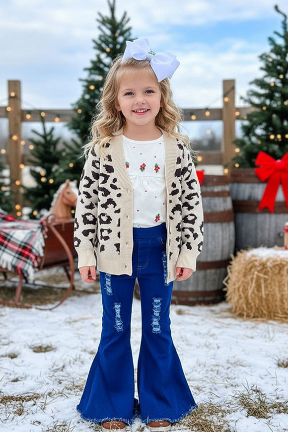 Royal blue denim kids pant bell bottom girls jeans with holes DLH2491 (A11S8)