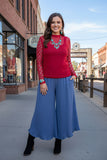 Solid color blue ruffles wide leg women pant XCH16819