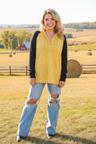 Knitted waffle yellow & black raglan long sleeve hoodie women top BQ15467 (AS12)