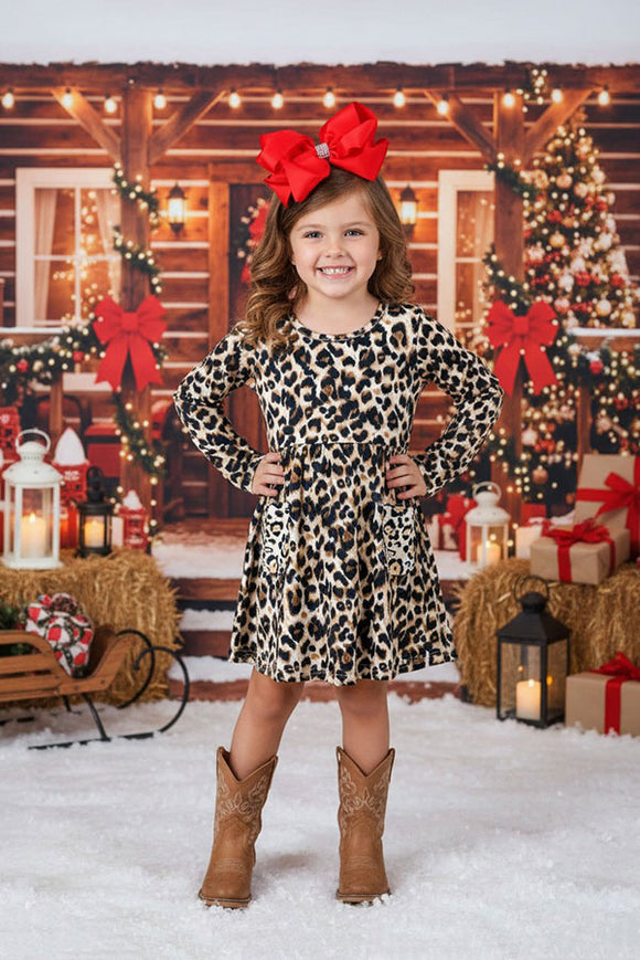 Leopard printed long sleeve girls dress with pockets XCH0555-26H (A2S8)
