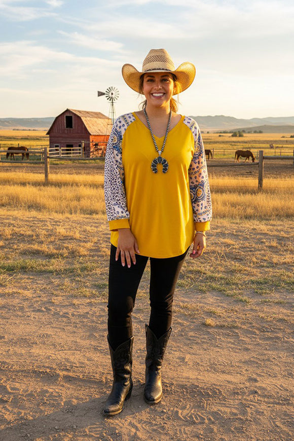 Yellow mustard blouse raglan w/ 3/4  leopard printed sleeves GJQ13086 (DS8)