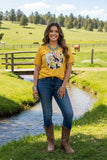 DLH10487 Mustrad Yellow cow peace sign & cactus sunflower printed short sleeve women t-shirt IS19