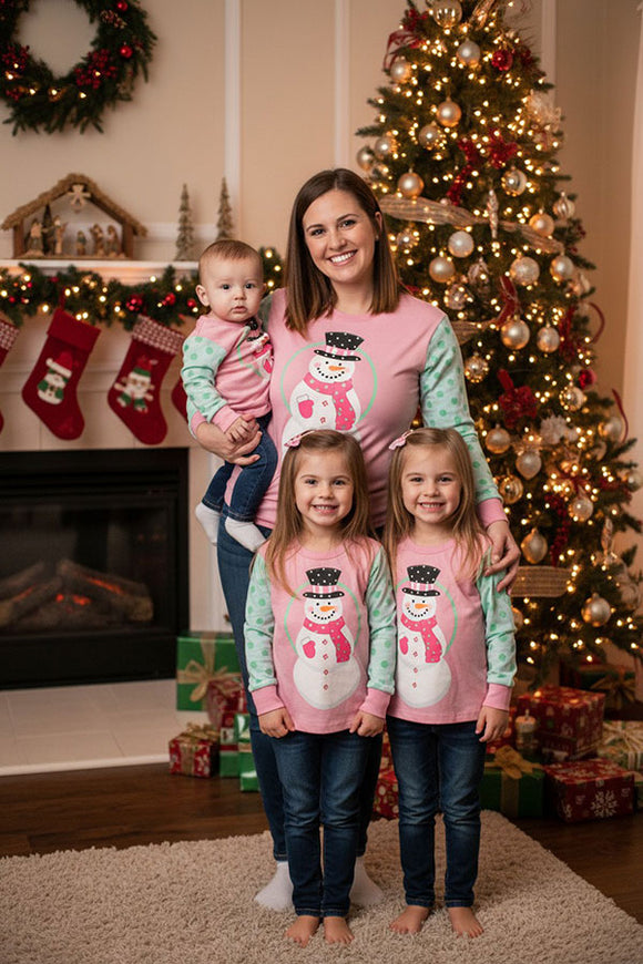 Mom and me Christmas snowman printed pink long sleeve girls t-shirt XCH01017