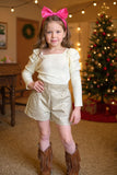Cream knitted long sleeve top & Leather shorts girls sets DLH2717 (A7S5)