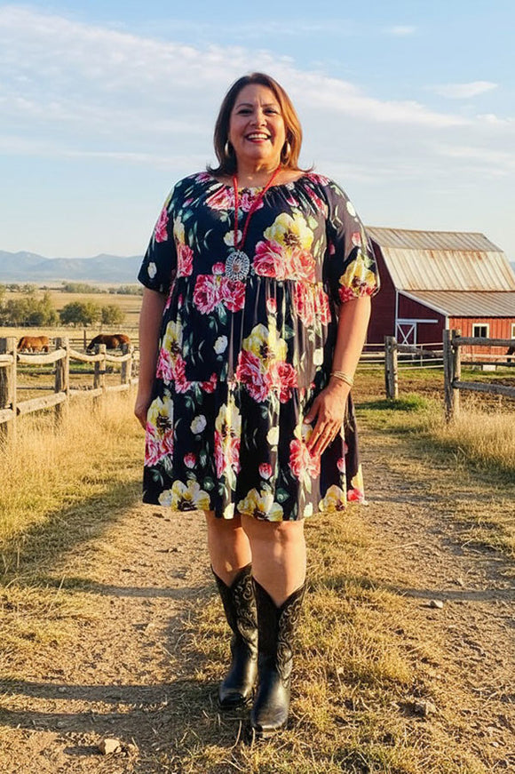 Floral printed black off shoulder short sleeve w/side pockets women dress GJQ15155 (A1S1)