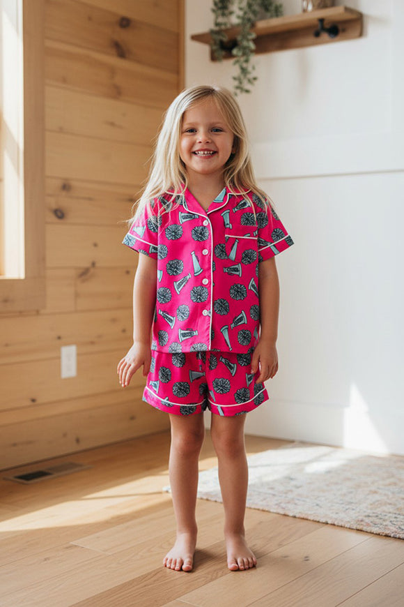Girls pajamas sets Cheer prints fuchsia top & shorts 2pc kids sets XCH04027 (A1S8)