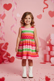 Mutli color stripes printed sleeveless girls dress with belt DLH2888