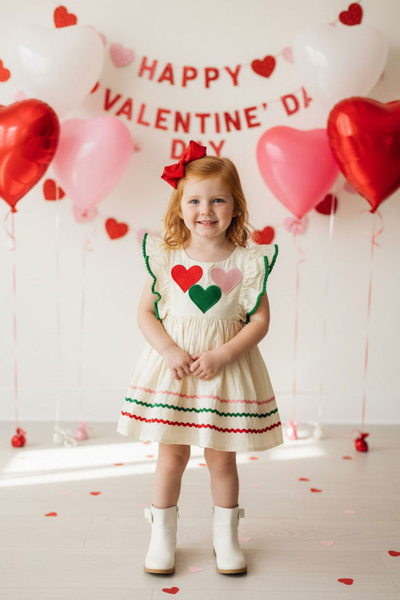 Red pink green hearts & green pompoms cream girls dress DLH2886 A8S4