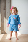 Flower embroidery blue short style pullover sweatshirt & short 2pc girls sets DLH2816 (A7S4)