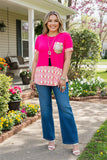 YMY9183 Fuchsia/snake pattern printed top w/sequin double pockets short sleeves women top (FS7)