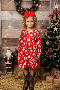 Christmas print long sleeve girls swirl dress A9S4 XCH0017-1H 7S1